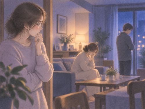夜の家で家族を心配そうに見守る女性