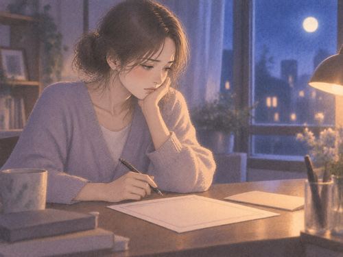 夜の机で無記名の離婚届に手を添える女性