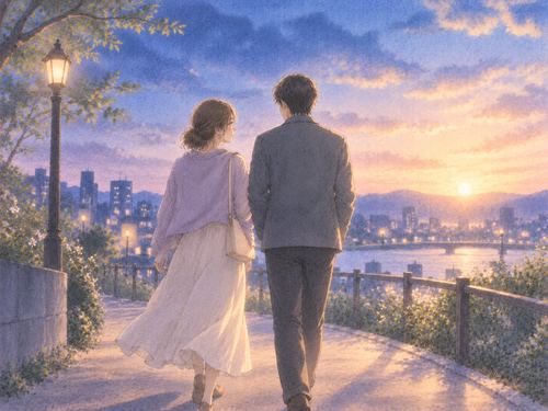 夜明けの光の中で新しい相手と歩き出す女性