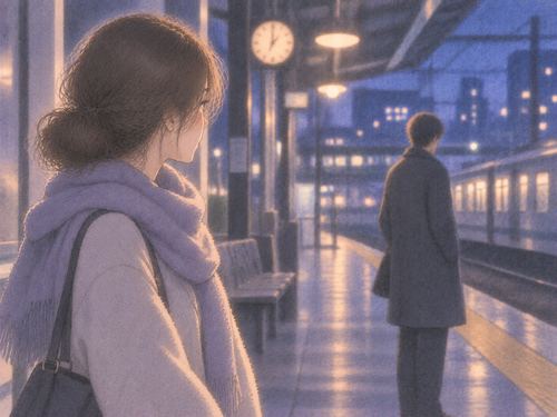 夜の駅で元夫らしい男性と静かに向き合う女性