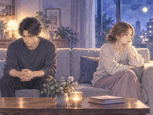 夜のリビングで離れて座る夫婦