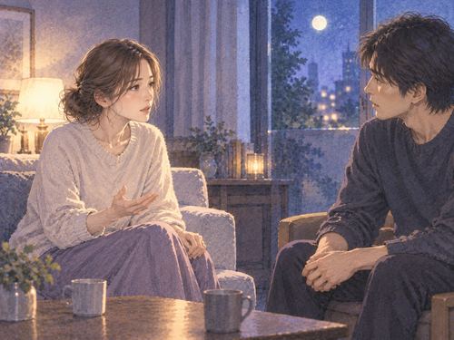 夜の部屋で相手を見つめながら話を切り出す女性