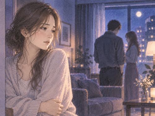 夫から距離を置いて立つ傷ついた表情の女性と遠くの人影
