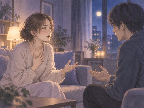 夜の部屋で感情的に言い合う夫婦