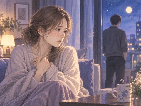 夜の窓辺で涙を流す大人の女性