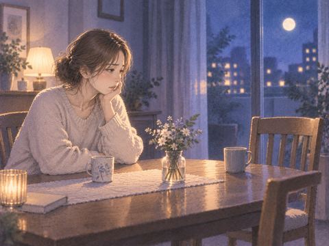 夜の静かな部屋で空いた椅子を見つめる女性