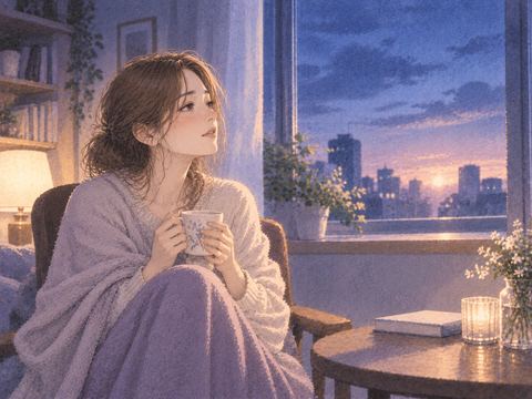 夜明け前の窓辺で肩の力を抜く女性
