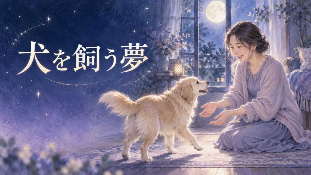 月明かりの部屋で犬を迎え入れる女性の夢のイメージ
