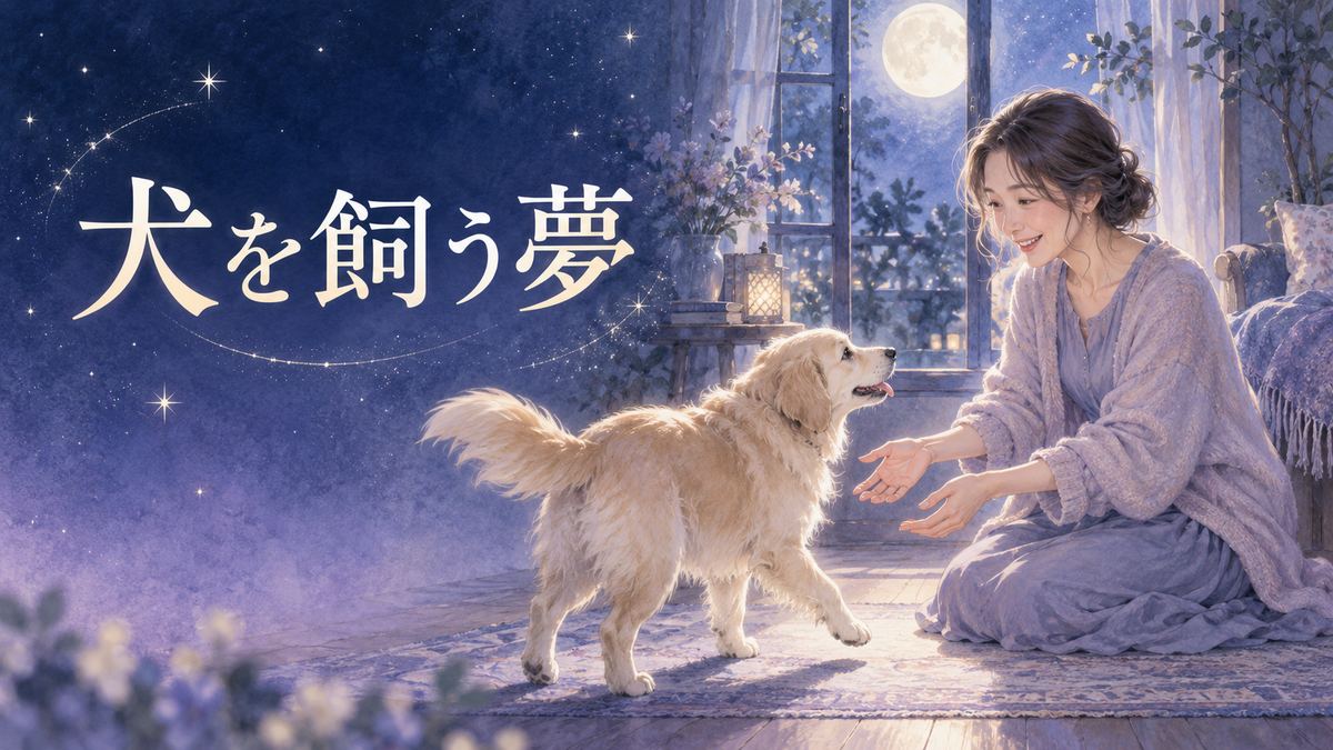 月明かりの部屋で犬を迎え入れる女性の夢のイメージ