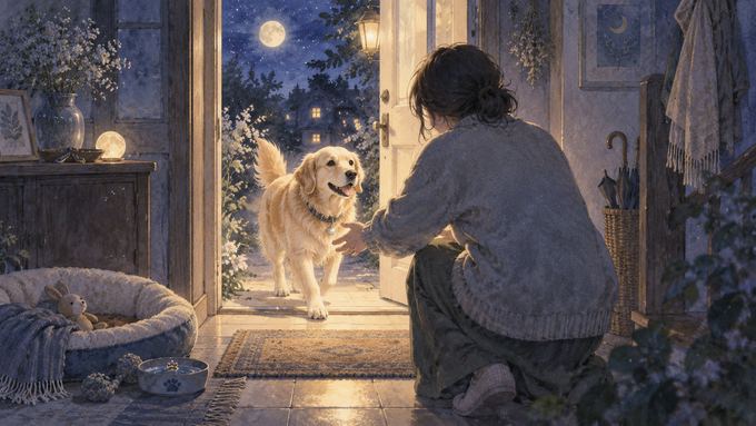 夜の玄関で犬を家へ迎え入れる人物の夢の図