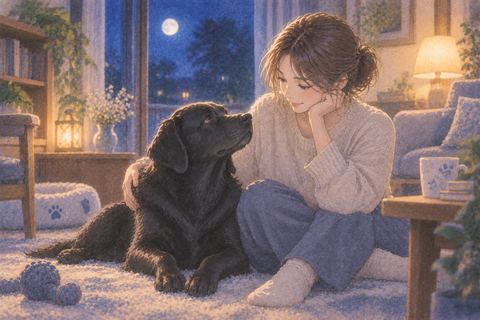 黒い犬の隣に座り様子を見る人物の夢
