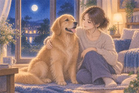 ゴールデンレトリバーと窓辺で寄り添う人物の夢