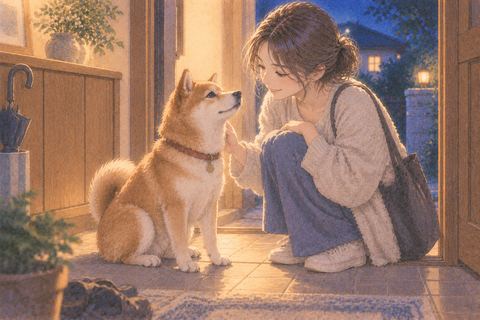 玄関で柴犬の帰りを迎える人物の夢