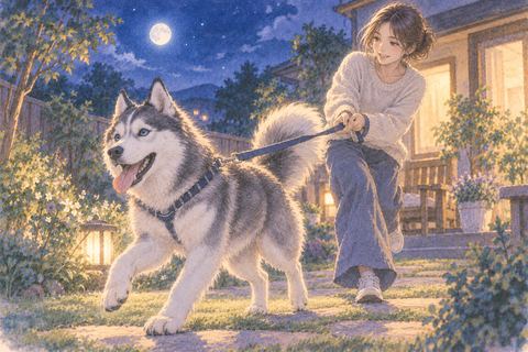 元気なハスキー犬と夜の庭に立つ人物の夢