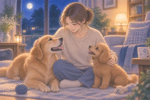 2匹の犬の間に座り両方を撫でる人物の夢