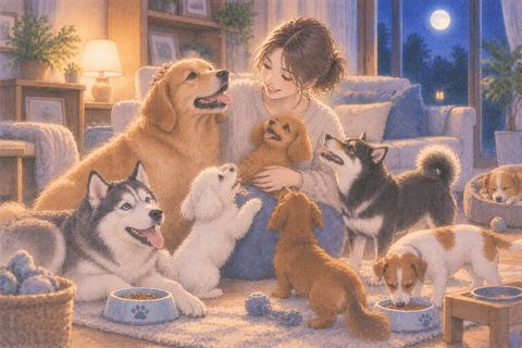たくさんの犬に囲まれて世話をする人物の夢