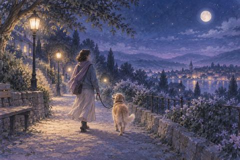 夜道を犬と並んで散歩する人物の夢