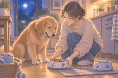 犬の前に餌皿を置く人物の夢
