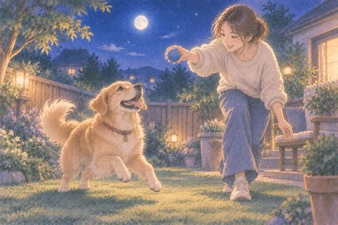 夜の庭で犬とボール遊びをする人物の夢