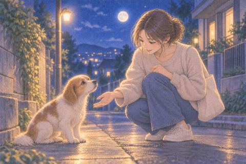 夜道で見つけた犬にしゃがんで手を差し伸べる人物の夢