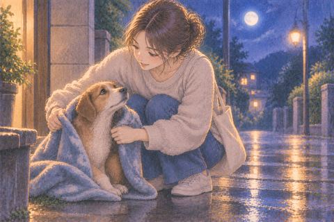 雨上がりの夜に犬へ毛布をかける人物の夢