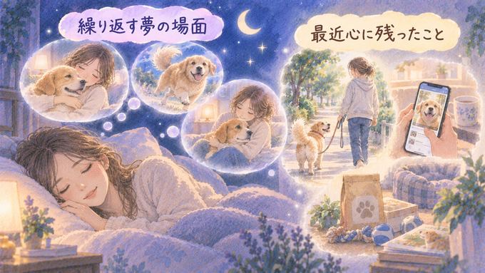 繰り返す犬の夢と最近の犬にまつわる出来事を振り返る女性の図