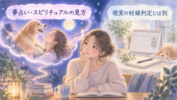 犬の夢の象徴と現実の妊娠判定を別々に見つめる女性の図