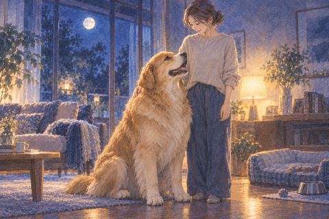 家の中で大きな犬の隣に立つ人物の夢