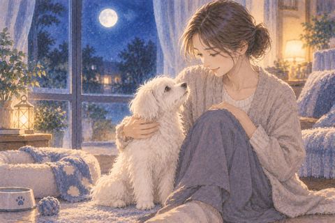 月明かりの部屋で白い犬と過ごす人物の夢