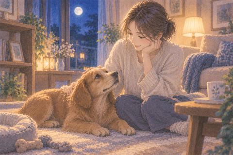 茶色い犬と穏やかに部屋で過ごす人物の夢