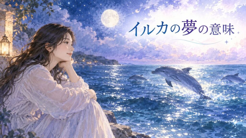 夜の海を泳ぐイルカを見つめる大人の女性