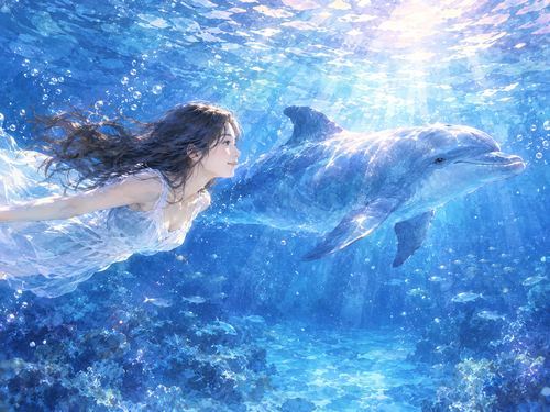 静かな海でイルカと並んで泳ぐ人物