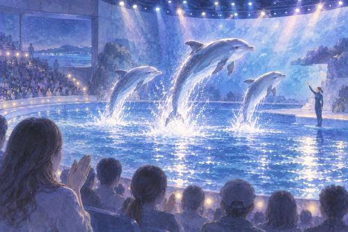 水族館のプールでジャンプするショーのイルカ