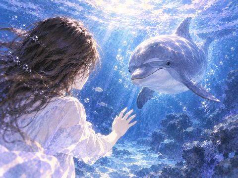 海の中からこちらへ近づいてくるイルカ