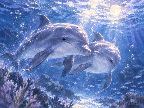 寄り添うように並んで泳ぐ2匹のイルカ