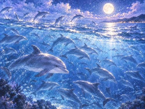 広い海にたくさんのイルカが現れる夢の場面