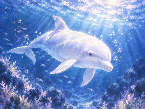 青い海の中で白く浮かび上がるイルカ