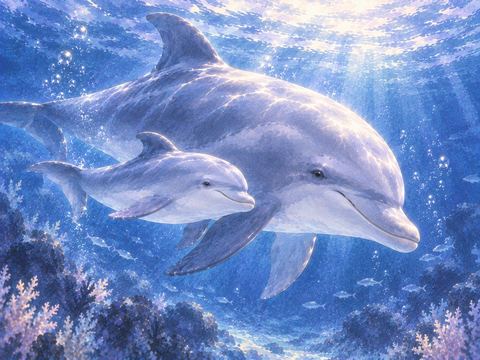 親イルカのそばを泳ぐ小さな赤ちゃんイルカ