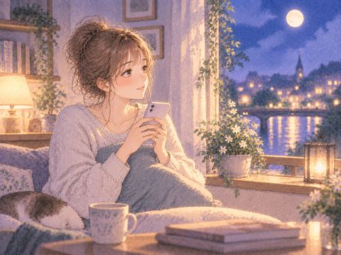 明るい窓辺で電話を手にする女性
