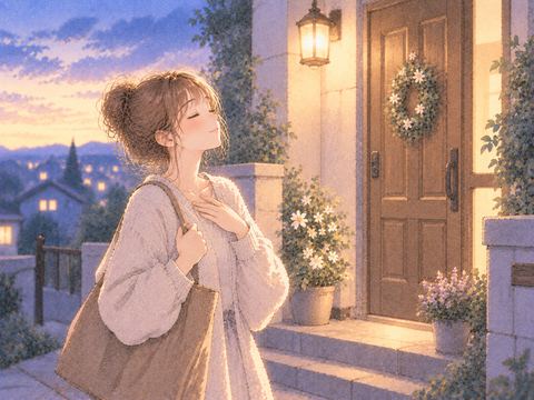 明るい家の前で安堵する女性