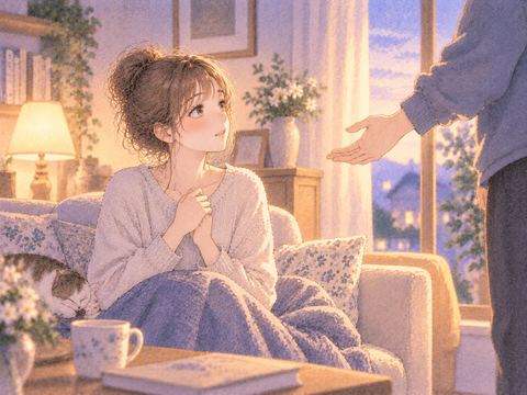 安全な場所で差し伸べられた手を見る女性