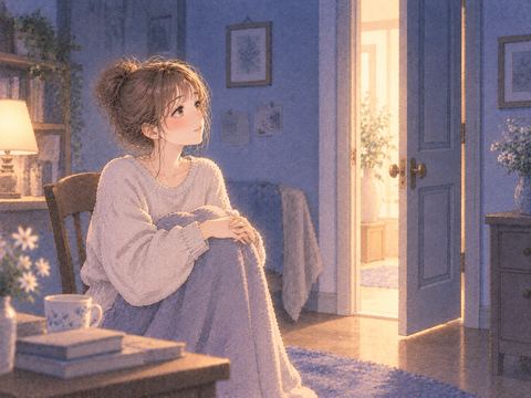 椅子に座る女性と少し開いた明るい扉
