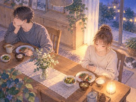 夜の食卓で距離を置いて座る夫婦