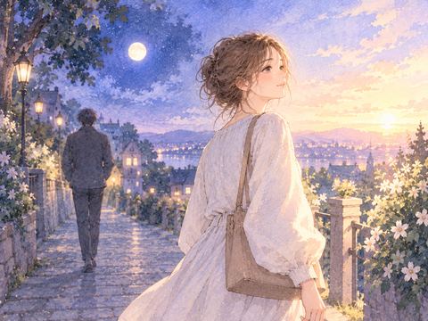 遠ざかる人影を背に明るい道へ向く女性