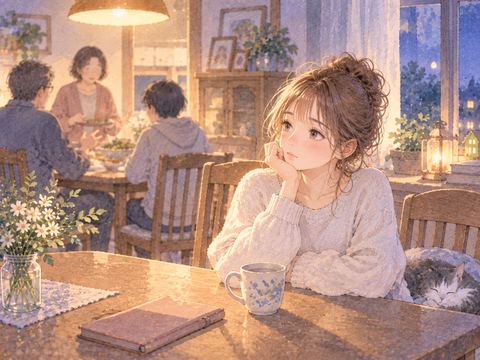 家の中で自分の席に静かに座る女性と家族の気配