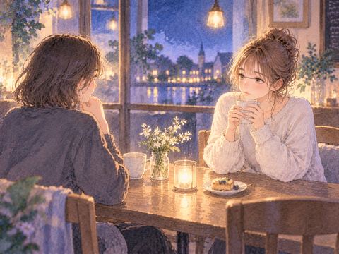 夜のカフェで向かい合い少し距離を置く友人同士