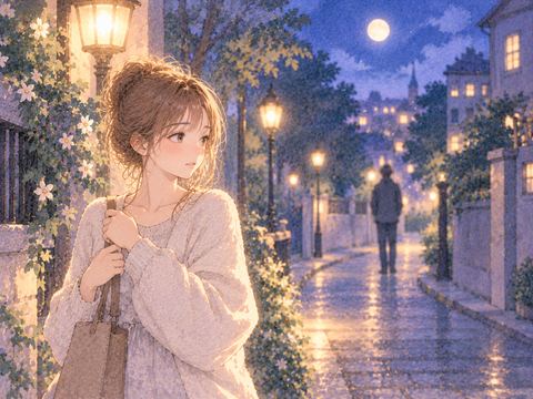 明るい場所に立つ女性と遠くのぼんやりした人影