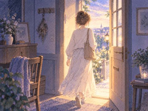 開いた扉の先の明るい場所へ歩く女性