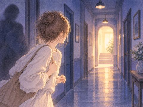 夜の廊下で明るい出口を見つめる女性