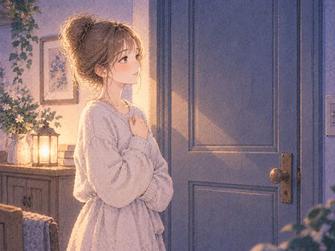 閉じた扉の前で落ち着いて立つ女性